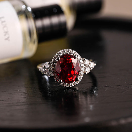 Solid Gold Oval Cut Lab Grown Ruby Engagement Ring, Halo Wedding Ring