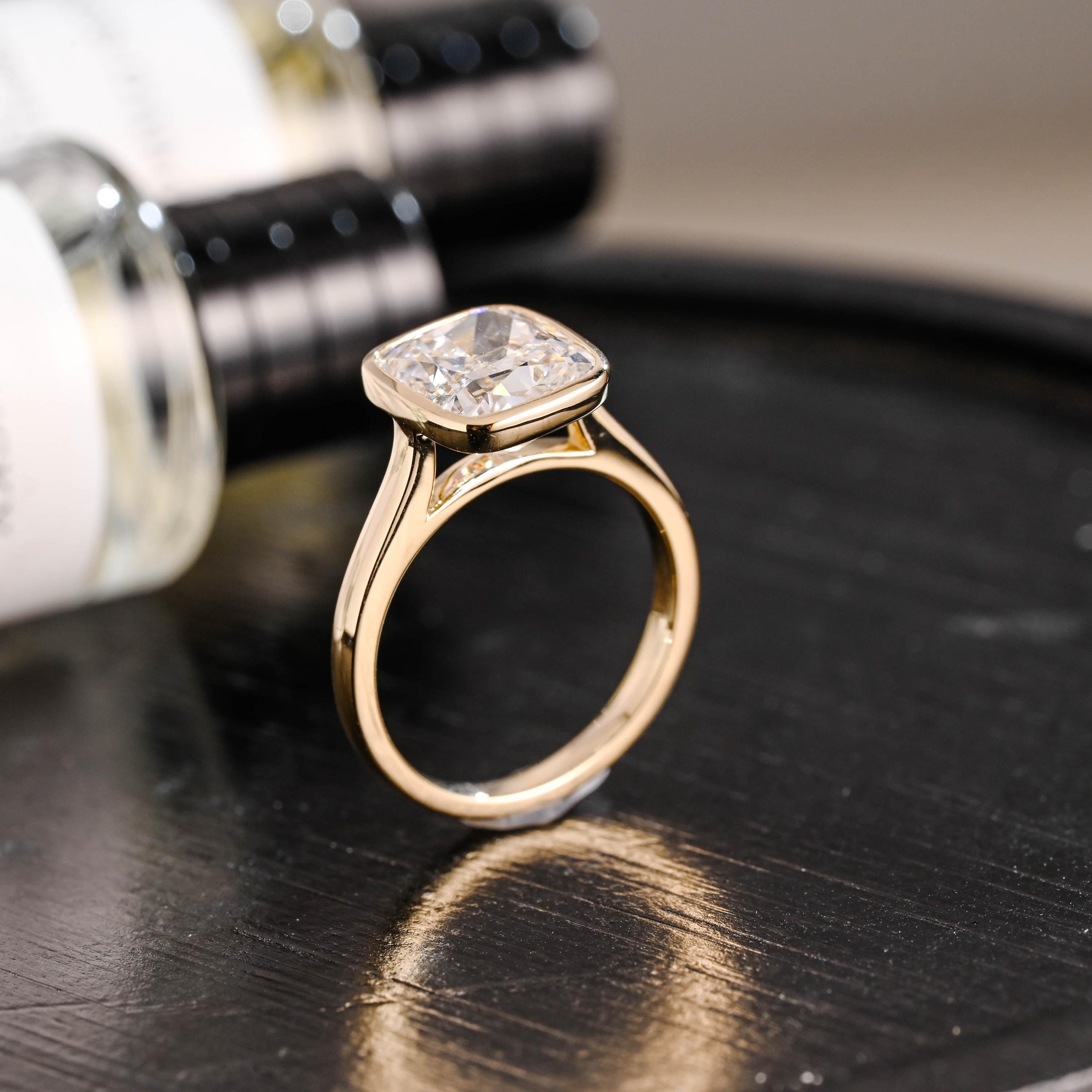 Solid Gold Bezel Elongated Cushion Cut Moissanite Engagement Ring, Proposal Ring, Promise Ring