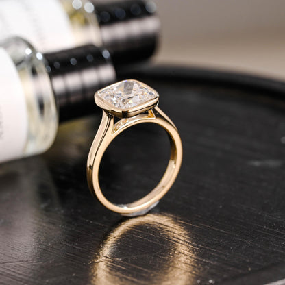 Solid Gold Bezel Elongated Cushion Cut Moissanite Engagement Ring, Proposal Ring, Promise Ring