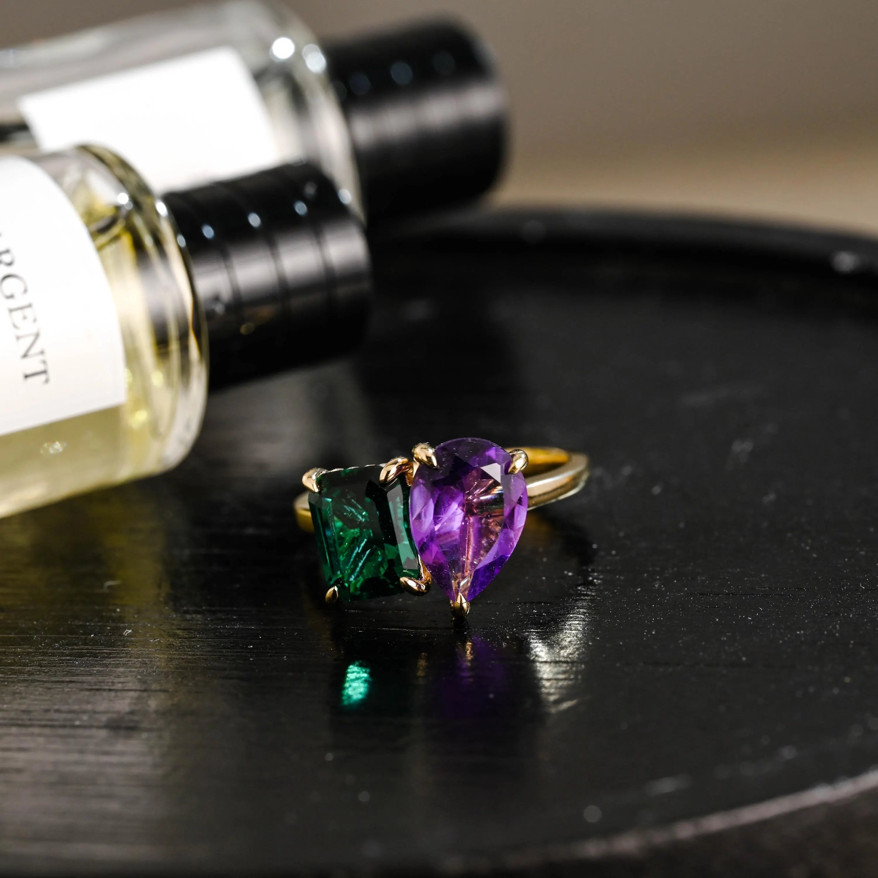 Solid Gold Toi et Moi Pear Amethyst & Lab Grown Emerald Engagement Ring
