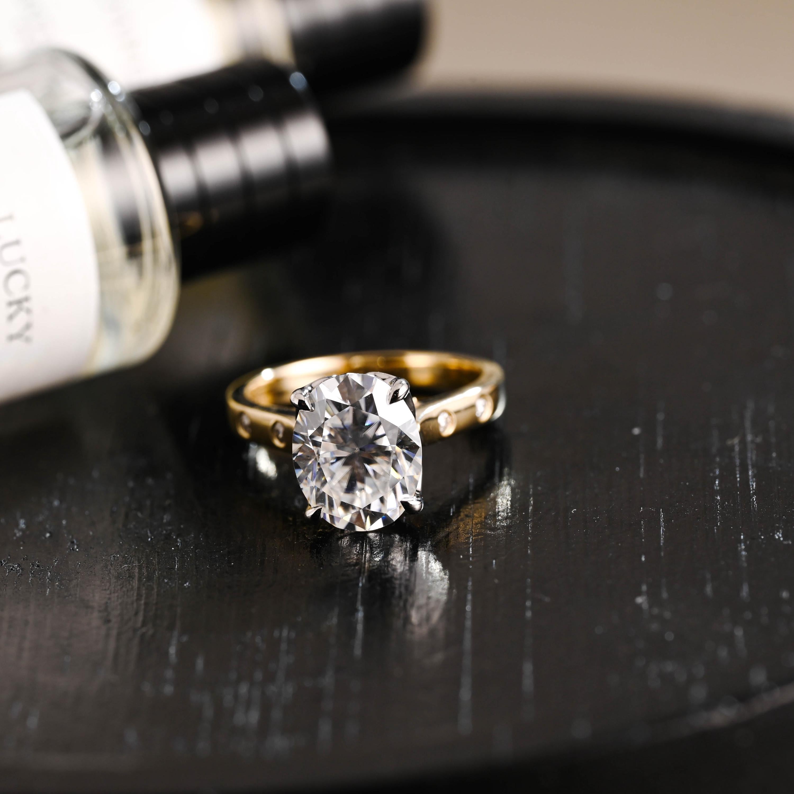 Solid Gold Two Tone Oval Cut Moissanite Engagement Ring, Anniversary Gift for Women