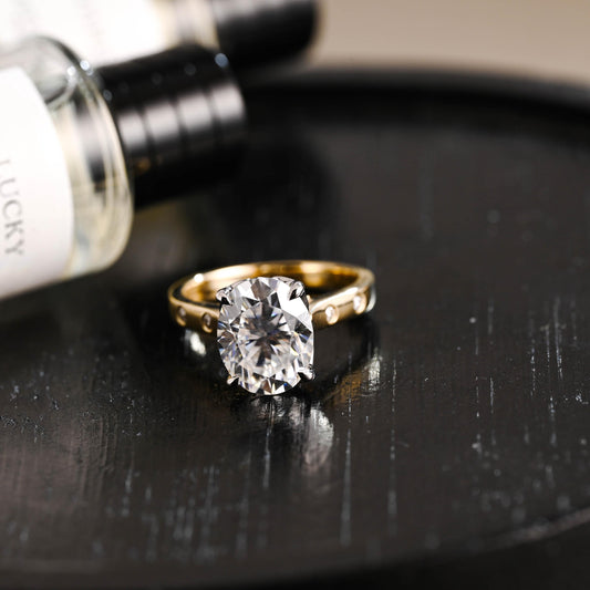 Solid Gold Two Tone Oval Cut Moissanite Engagement Ring, Anniversary Gift for Women