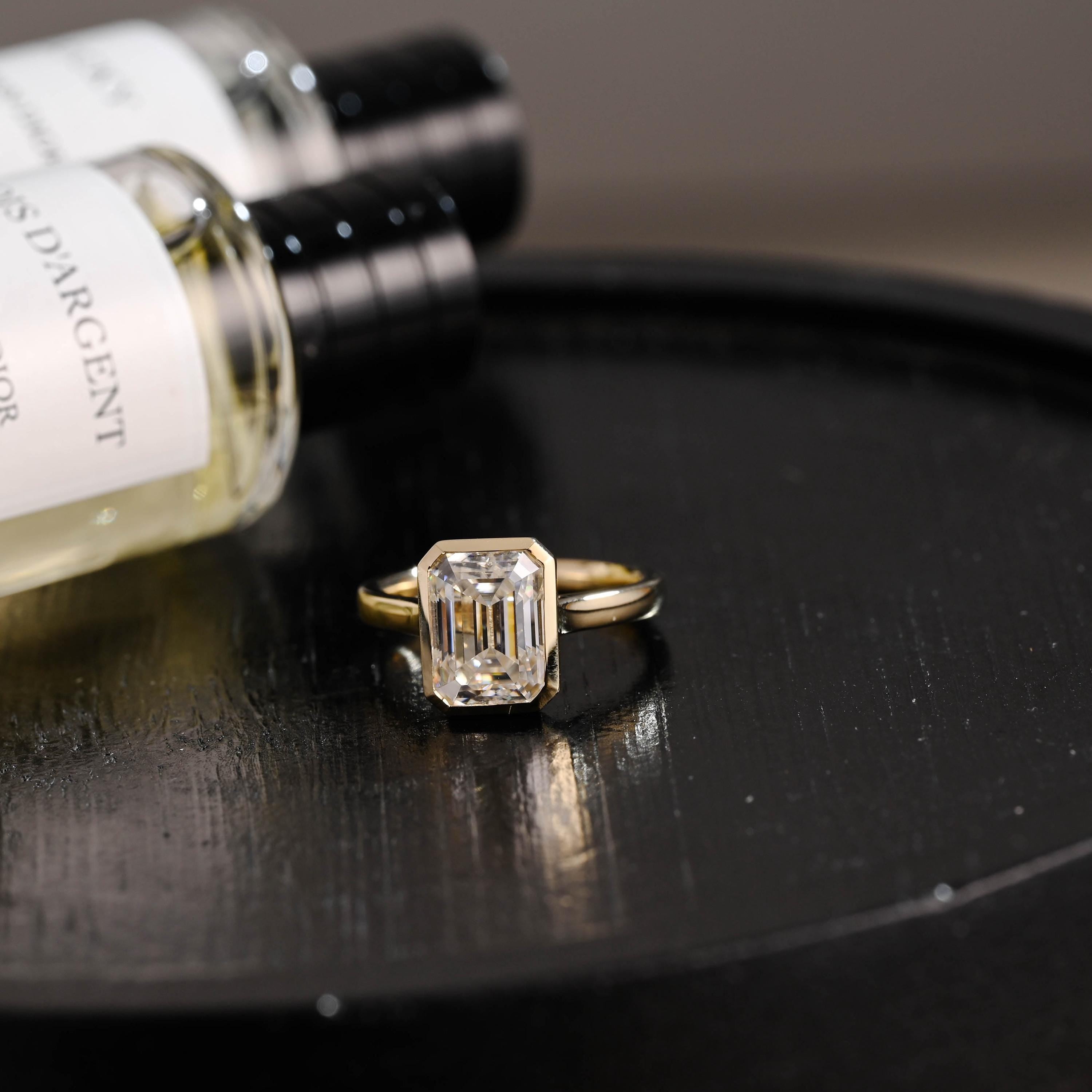 Solid Gold Bezel Emerald Cut Moissanite Engagement Ring, Solitaire Cathedral Setting Emerald Cut Wedding Ring