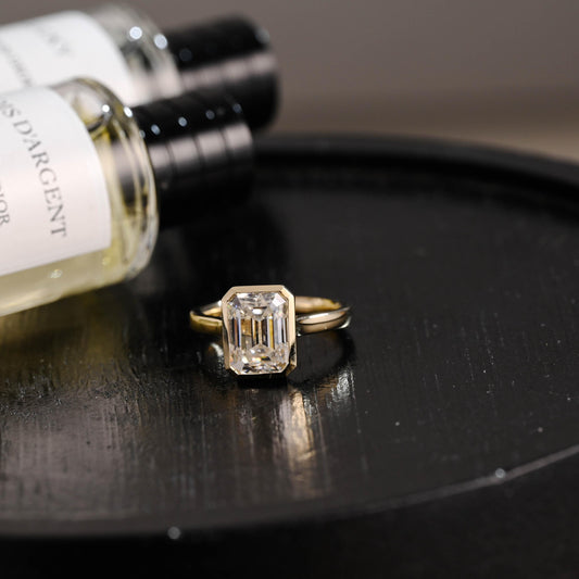 Solid Gold Bezel Emerald Cut Moissanite Engagement Ring, Solitaire Cathedral Setting Emerald Cut Wedding Ring