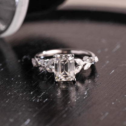 Solid Gold Side Cluster Emerald Cut Moissanite Engagement Ring, Anniversary Ring, Moissanite Leaf Ring