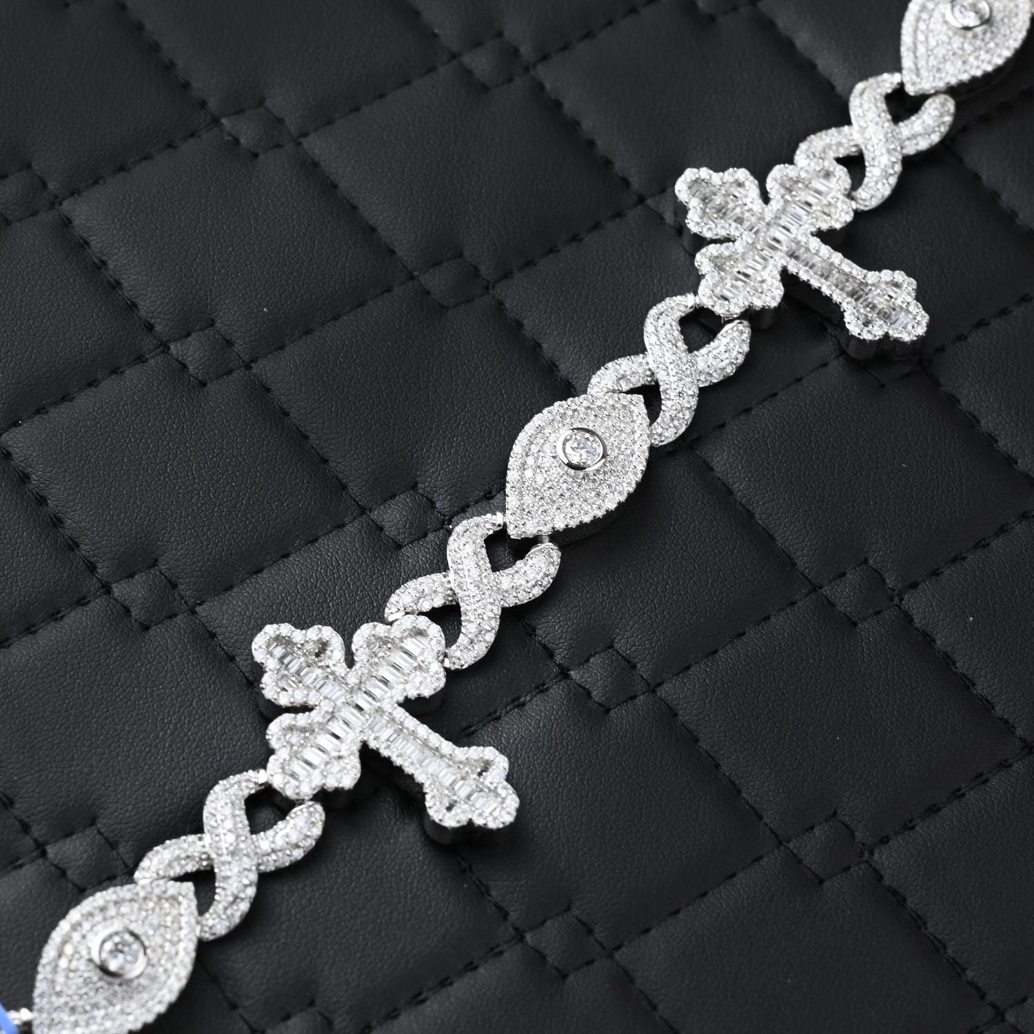Moissanite Infinity Cross Evil Eye Bracelet: 925 Sterling Silver, 16 Carats
