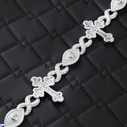 Moissanite Infinity Cross Evil Eye Bracelet: 925 Sterling Silver, 16 Carats
