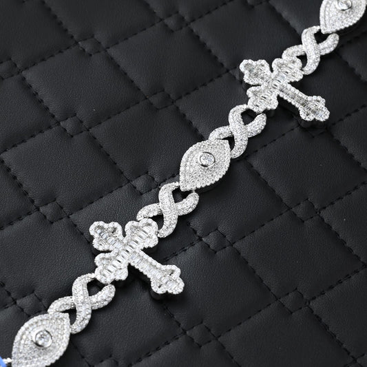 Moissanite Infinity Cross Evil Eye Bracelet: 925 Sterling Silver, 16 Carats