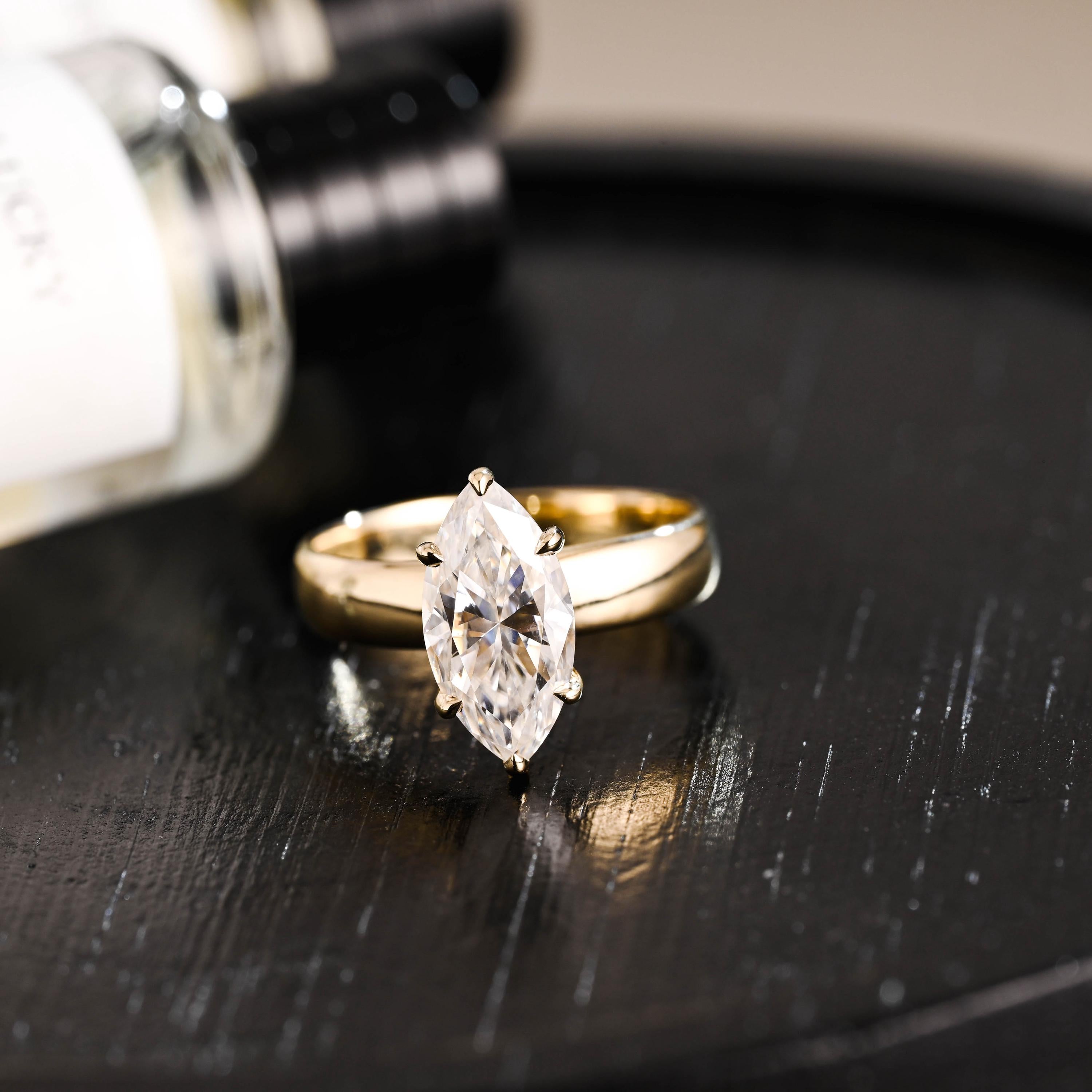 Solid Gold Marquise Moissanite Engagement Ring, 4mm Width Anniversary Ring