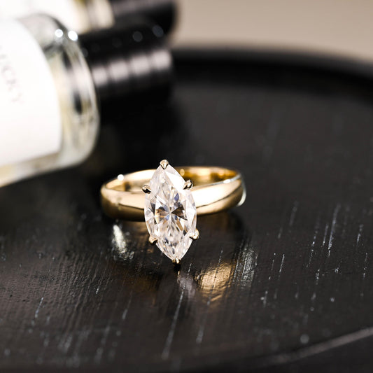 Solid Gold Marquise Moissanite Engagement Ring, 4mm Width Anniversary Ring