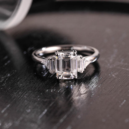 Three Stone Emerald Cut Moissanite Engagement Ring, Solid Gold Emerald Cut Moissanite Wedding Ring, Anniversary Ring, Moissanite Gifts