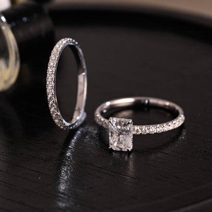 Solid Gold Hidden Halo Radiant Cut Moissanite Engagement Ring Set, Full Eternity Band, Bridal Set