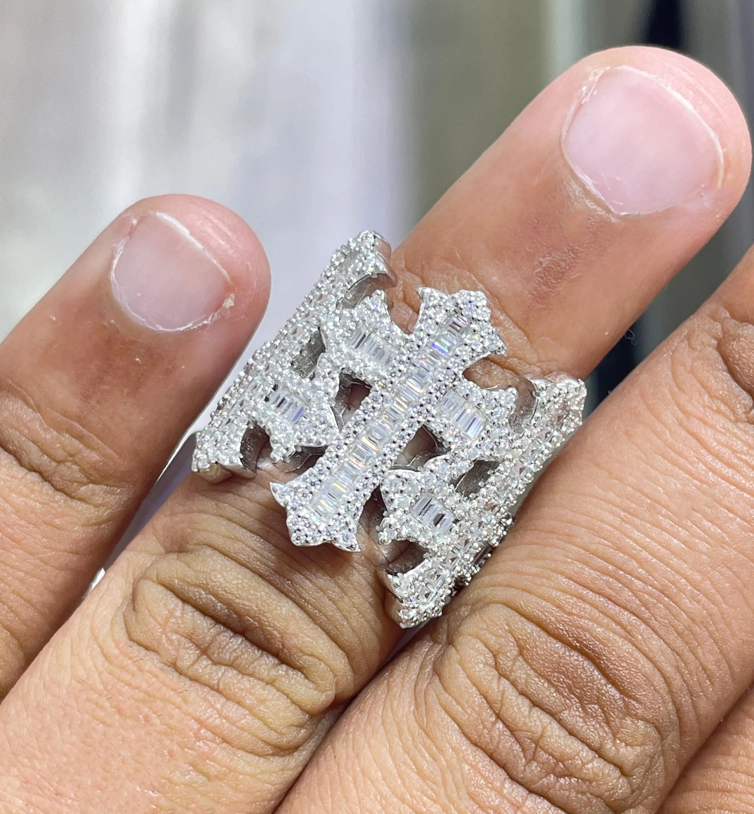 Iced Out Cross Ring: Baguette Moissanite, Sterling Silver Hip Hop Jewelry