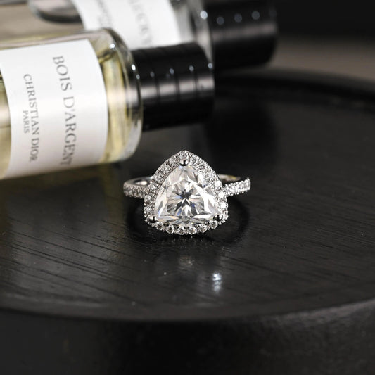 Trilliant Cut Moissanite Engagement Ring, Halo Pave Cathedral Trilliant Cut Wedding Ring