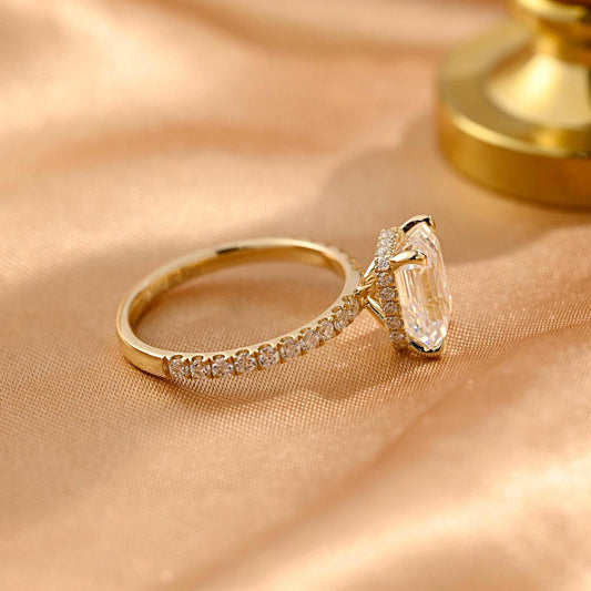 Half Eternity Emerald Cut Moissanite Engagement Ring, Solid Gold Hidden Halo Pave Emerald Cut Moissanite Wedding Ring, Anniversary Ring