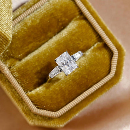 Solid Gold Three Stone Radiant Cut Moissanite Engagement Ring, Anniversary Ring for Her