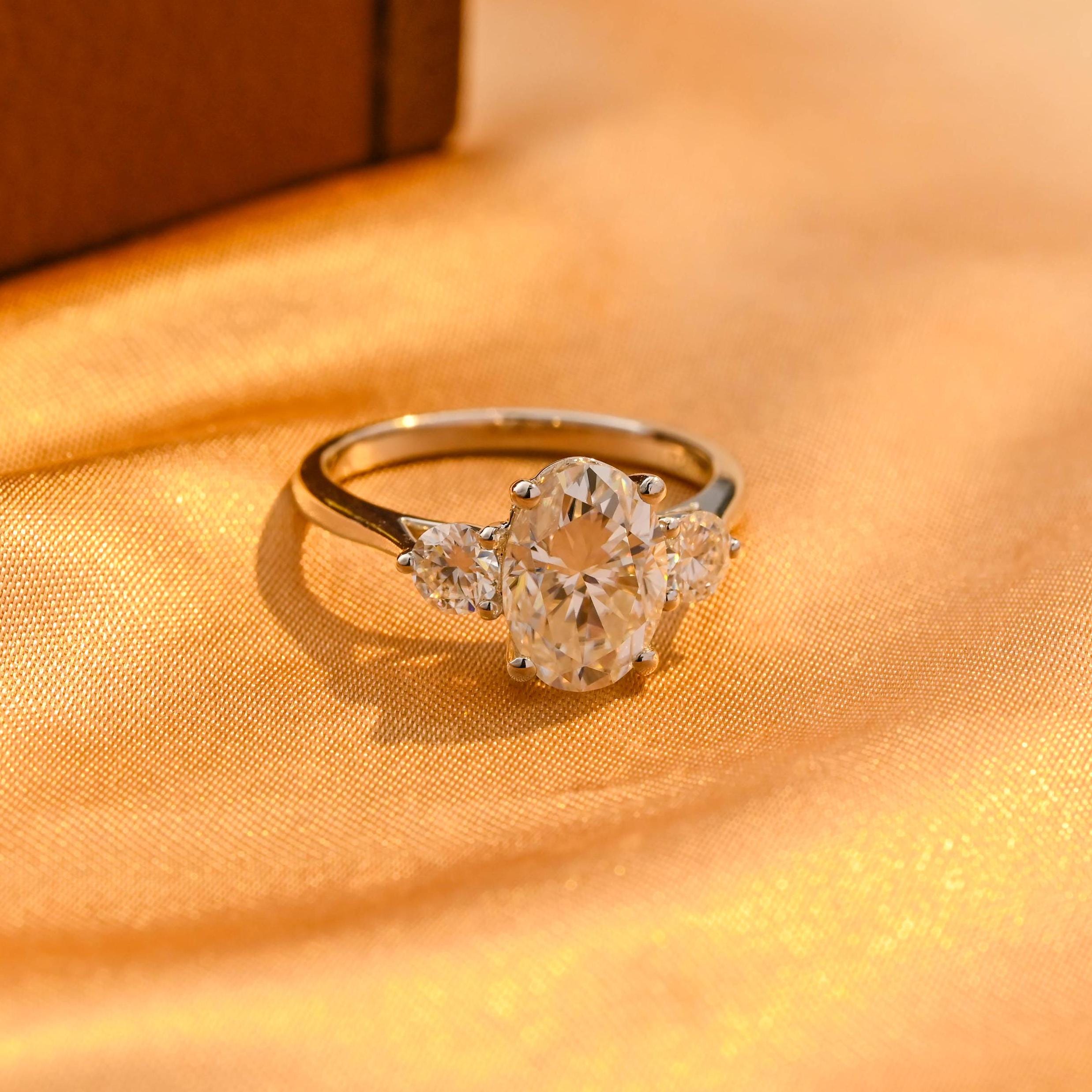 Solid Gold Cathedral Setting Oval Cut Moissanite Engagement Ring, Three Stone Wedding Ring
