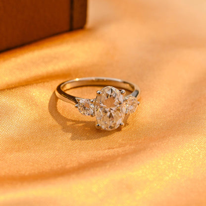 Solid Gold Cathedral Setting Oval Cut Moissanite Engagement Ring, Three Stone Wedding Ring