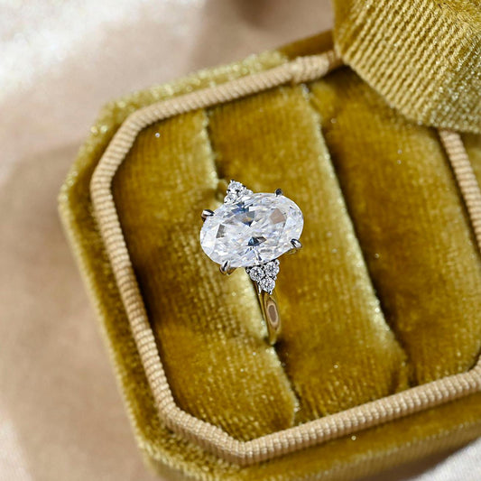 Solid Gold Cathedral Setting Oval Cut Moissanite Engagement Ring, Side Cluster Wedding Ring