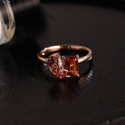 Solid Gold Lab Grown Orange & Pink Sapphire Toi et Moi Wedding Ring, Memorial Two Stone Engagement Ring