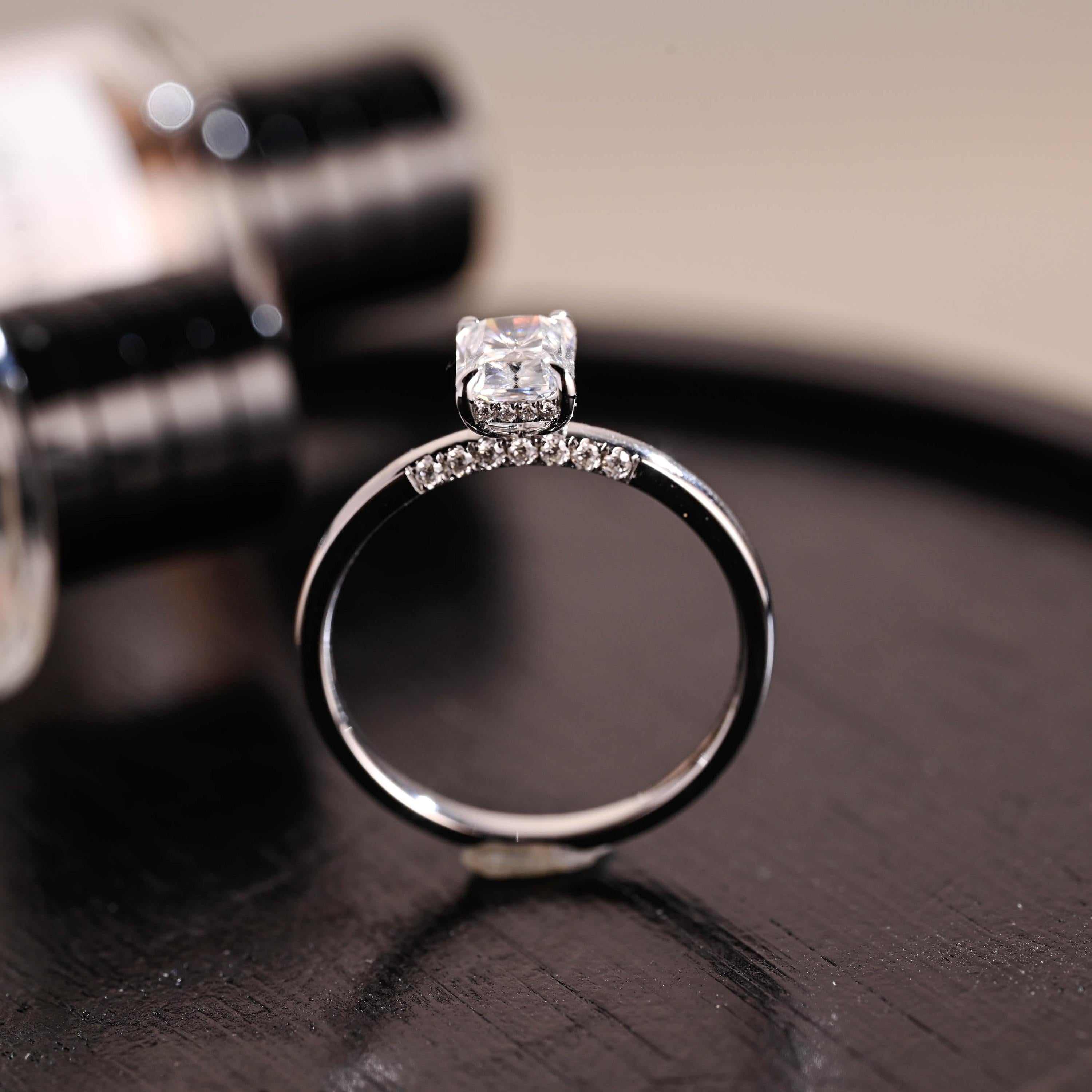 Solid Gold Hidden Halo Radiant Cut Moissanite Engagement Ring, Anniversary Ring for Her