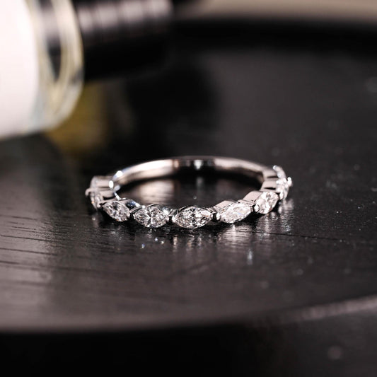Solid Gold Marquise Moissanite Wedding Band, Half Eternity Ring
