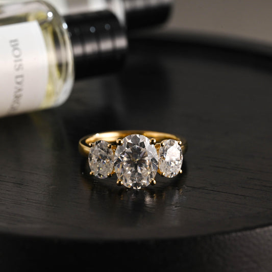 Solid Gold Three Stone Oval Moissanite Engagement Ring, Anniversary Gift Birthday Gift for Women