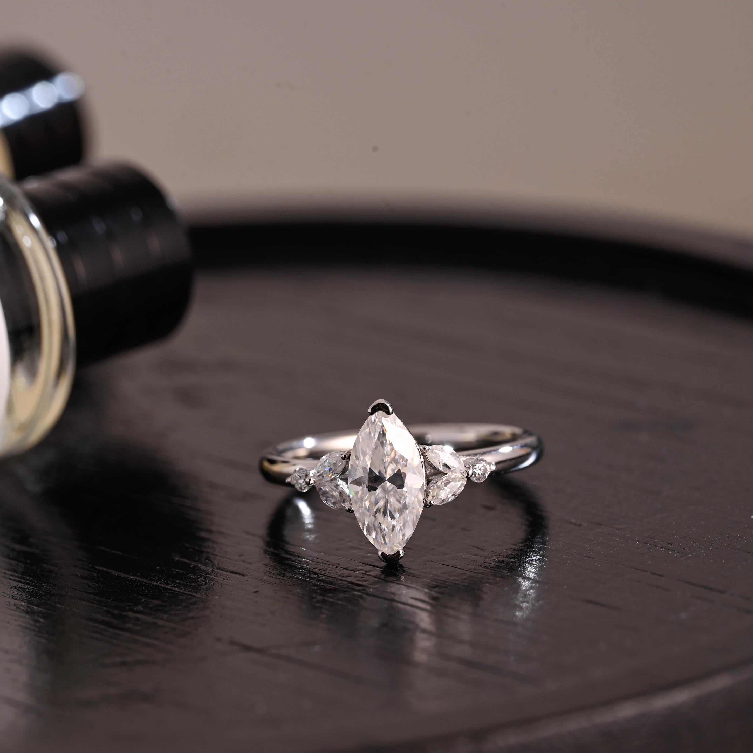 Solid Gold Marquise Moissanite Engagement Ring, Anniversary Gift