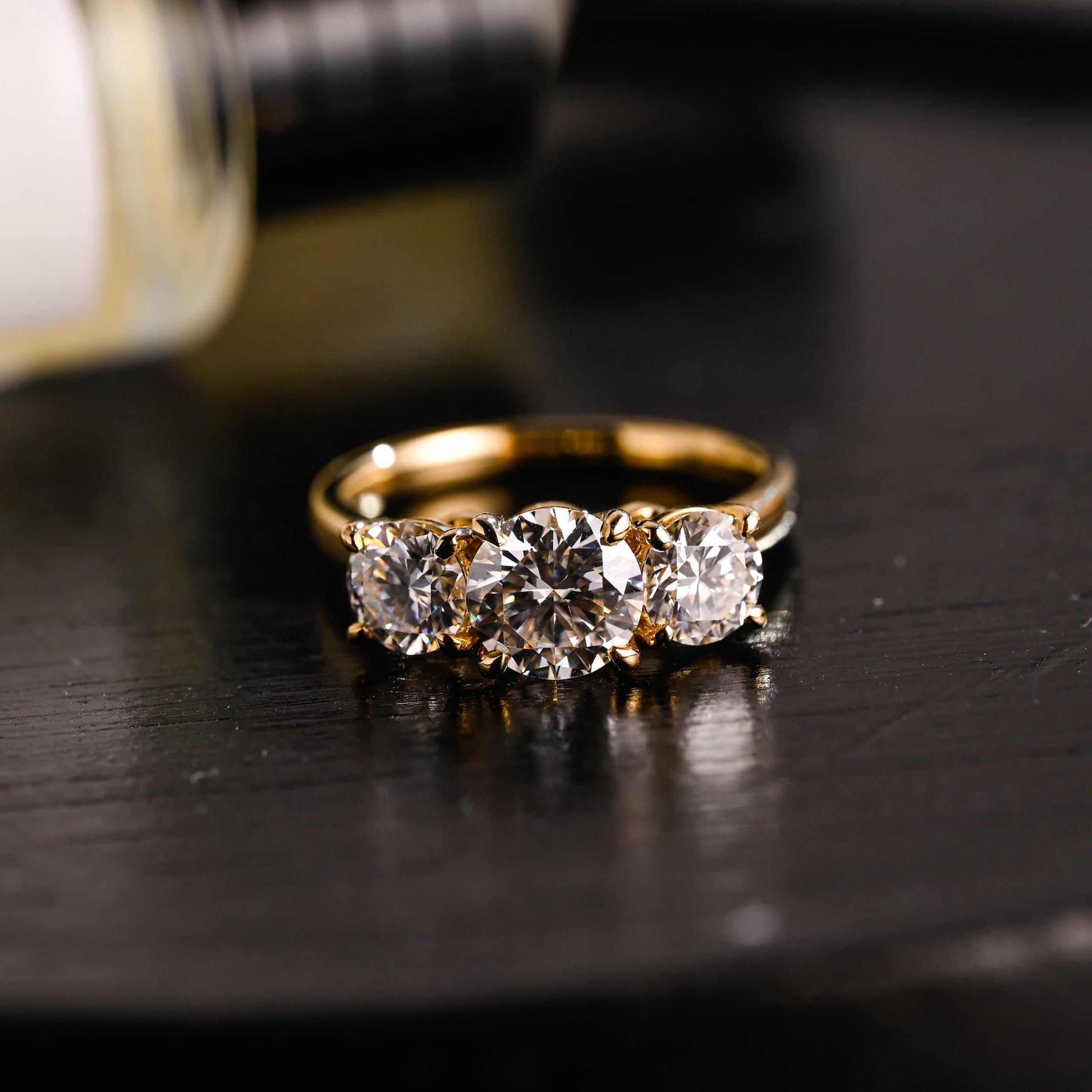 Solid Gold Three Stone Round Cut Moissanite Engagement Ring, Commitment Ring, Anniversary Gift for Women Wife