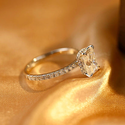 Solid Gold Radiant Cut Moissanite Engagement Ring, Hidden Halo Pave Wedding Ring