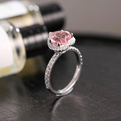 Solid Gold Heart Cut Pink Moissanite Engagement Ring, Hidden Halo Proposal Ring,Wedding Ring