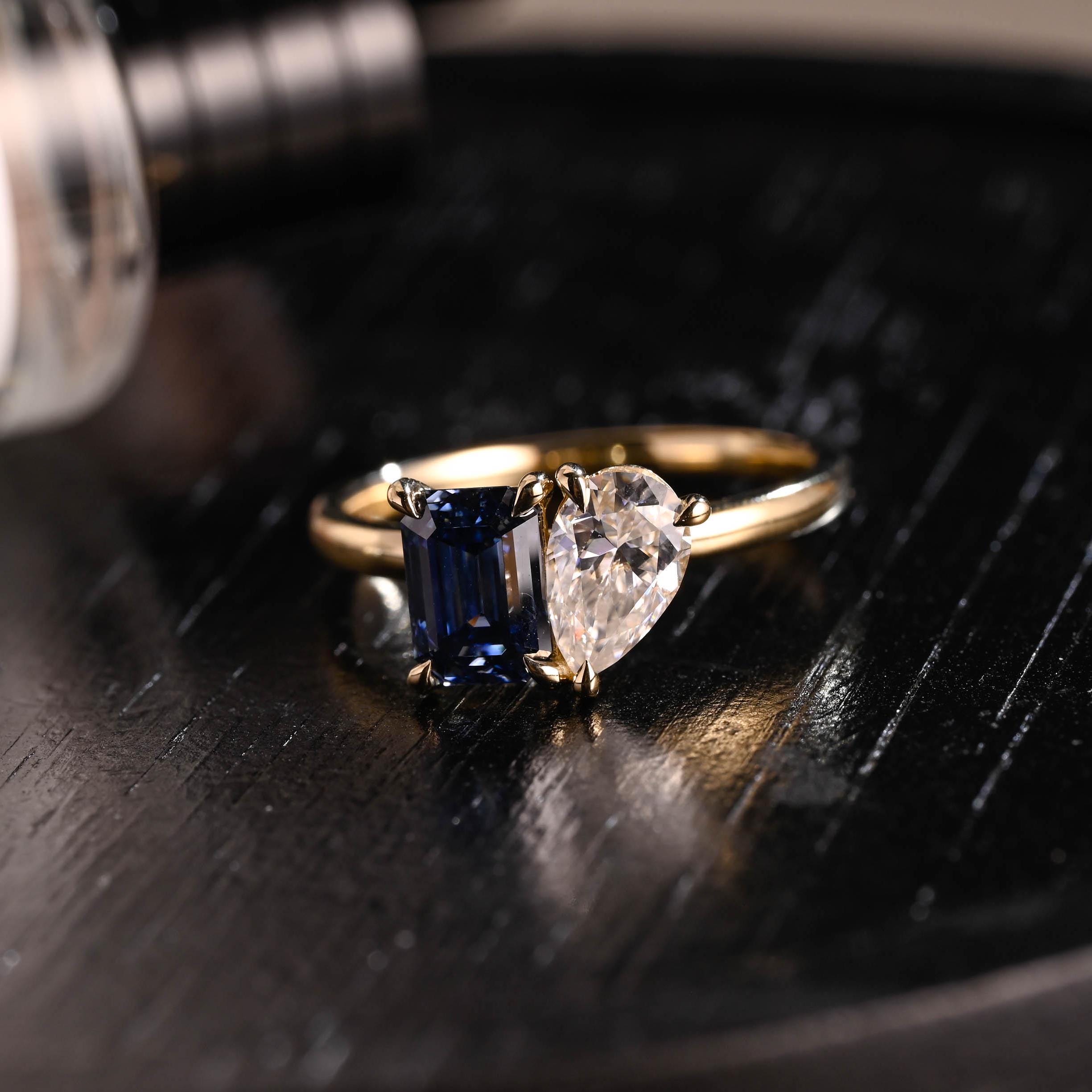 Solid Gold Toi et Moi Pear Moissanite Engagement Ring, Lab Grown Sapphire Two Stone Ring