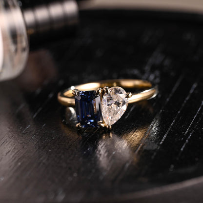 Solid Gold Toi et Moi Pear Moissanite Engagement Ring, Lab Grown Sapphire Two Stone Ring