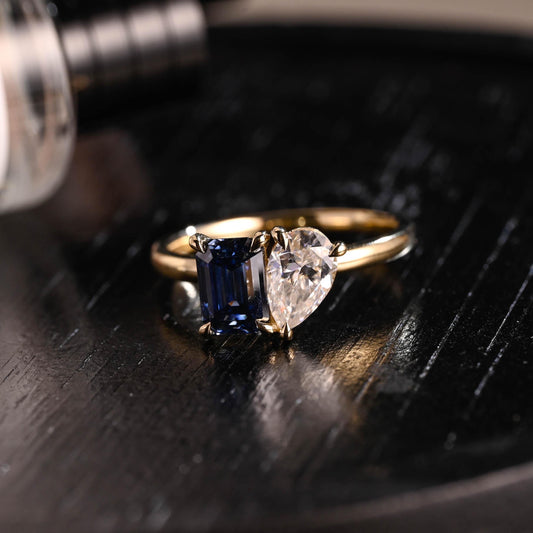 Solid Gold Toi et Moi Pear Moissanite Engagement Ring, Lab Grown Sapphire Two Stone Ring