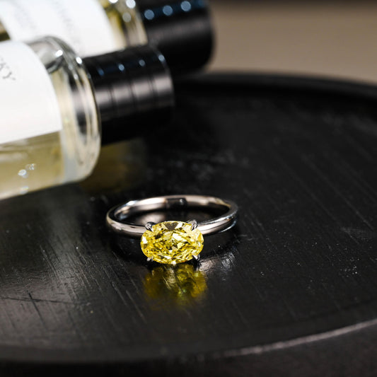 Solid Gold Oval Cut Solitaire Yellow Moissanite Engagement Ring, Gift for Women
