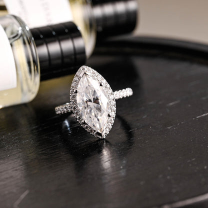 Solid Gold Halo Marquise Moissanite Engagement Ring, Round Cut Accent Stones