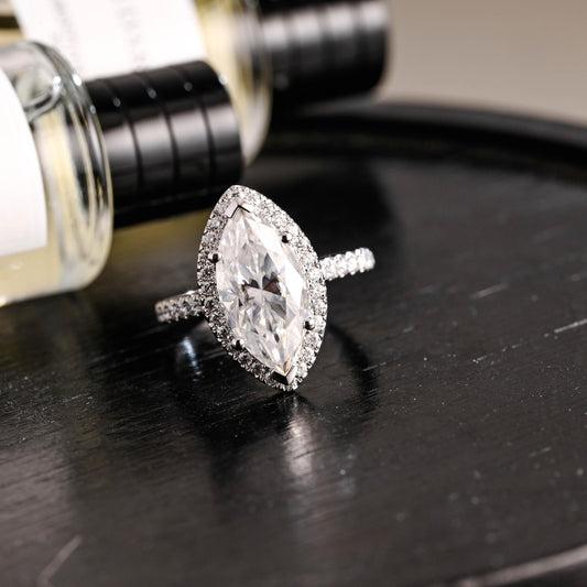 Solid Gold Halo Marquise Moissanite Engagement Ring, Round Cut Accent Stones