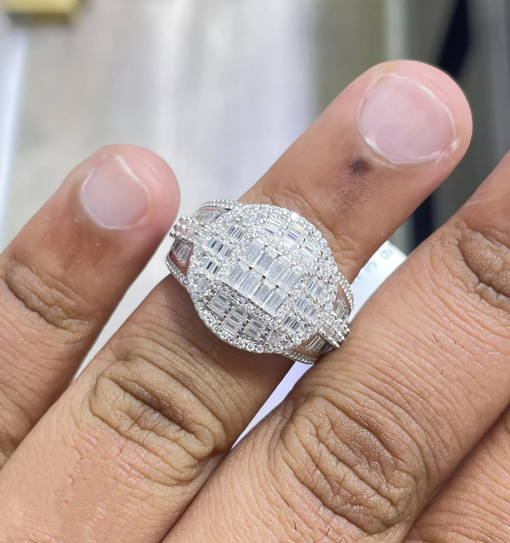 Custom Iced Out Moissanite Hip Hop Ring: 14K Gold Plated Sterling Silver Baguette Moissanite Ring