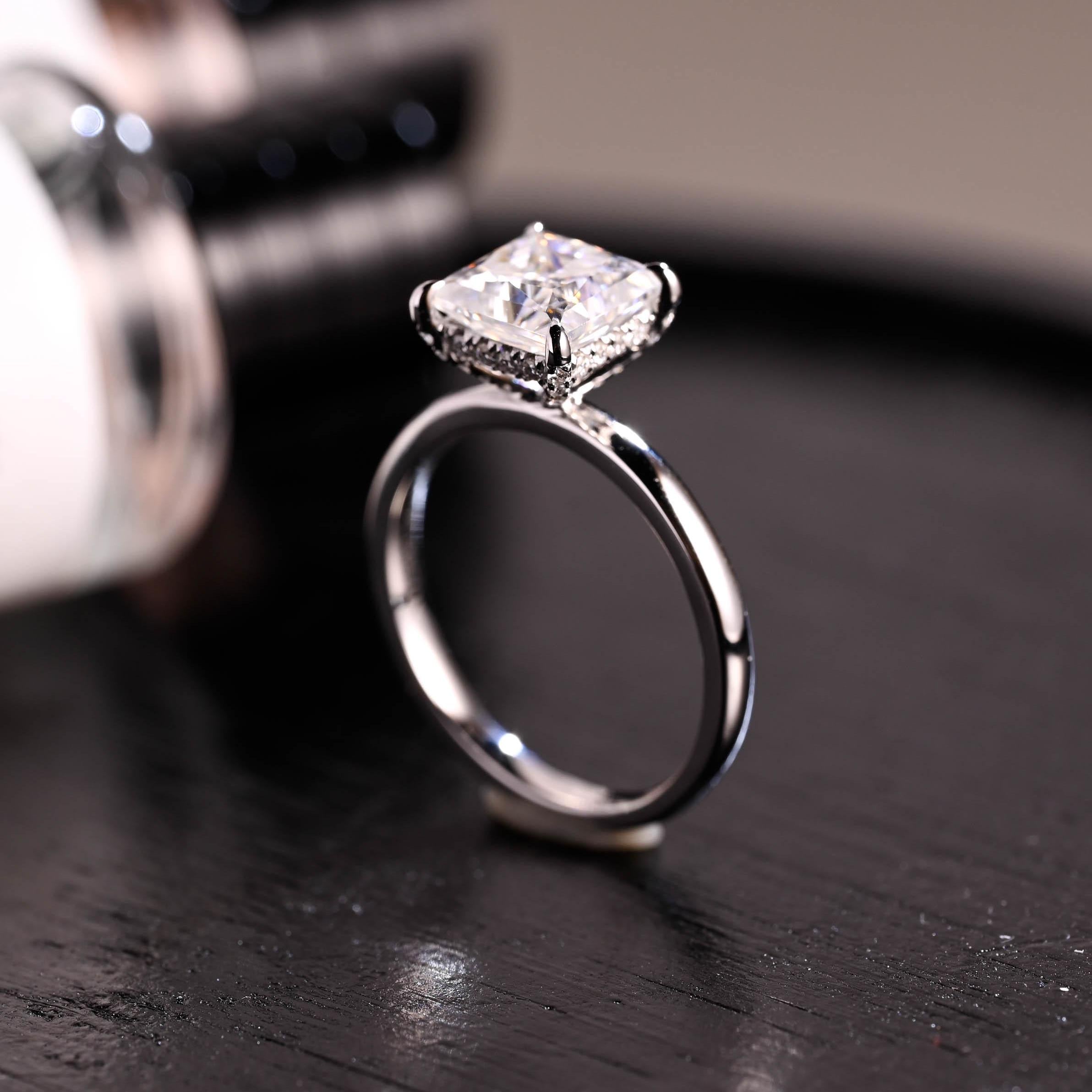 Solid Gold Princess Cut Moissanite Engagement Ring, 4 Prongs Pave Hidden Halo Wedding Ring