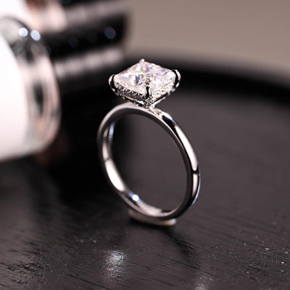 Solid Gold Princess Cut Moissanite Engagement Ring, 4 Prongs Pave Hidden Halo Wedding Ring