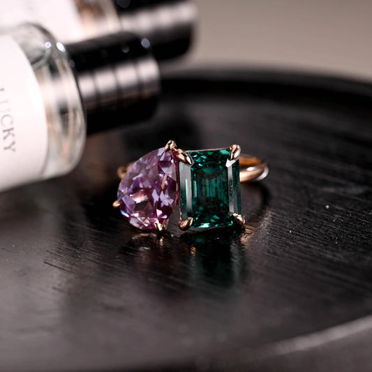 Solid Gold Lab Grown Emerald Toi et Moi Wedding Ring, Pear Alexandrite Two Stone Engagement Ring
