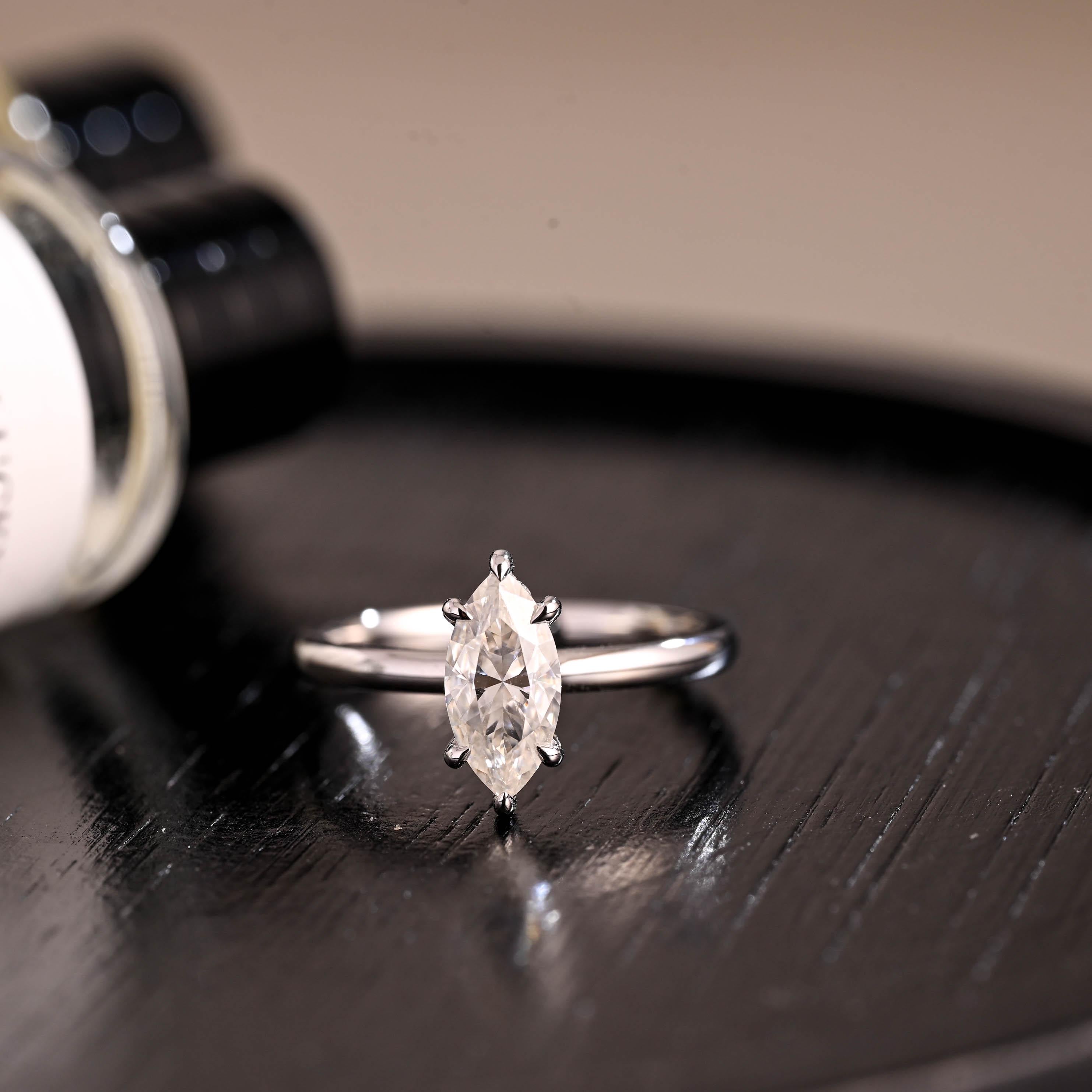 Solid Gold Marquise Cut Moissanite Engagement Ring, Pave Prong Setting
