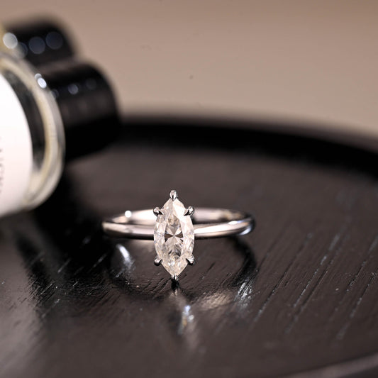 Solid Gold Marquise Cut Moissanite Engagement Ring, Pave Prong Setting