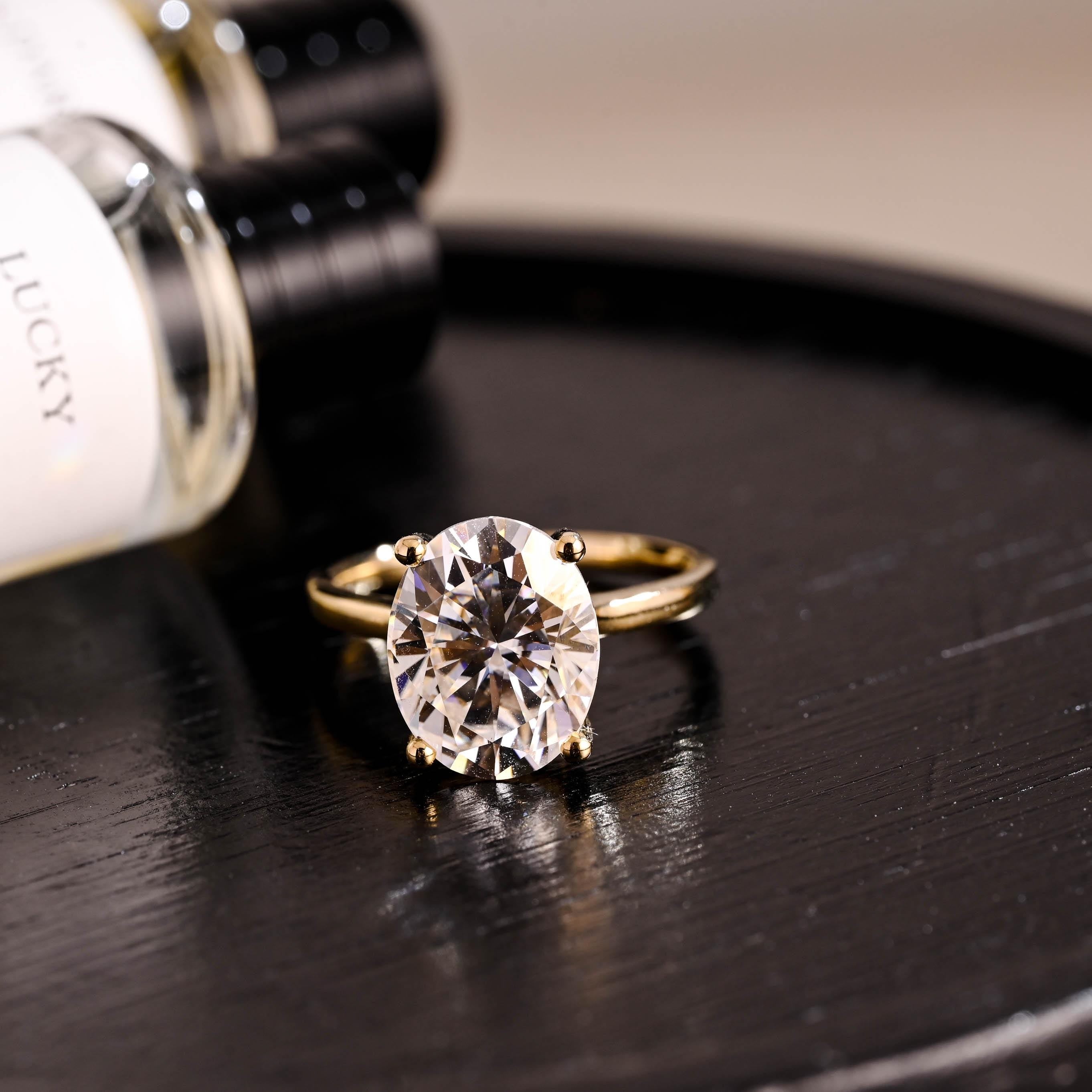 Solid Gold Oval Cut Moissanite Engagement Ring, Hidden Halo Wedding Ring, Cathedral Setting