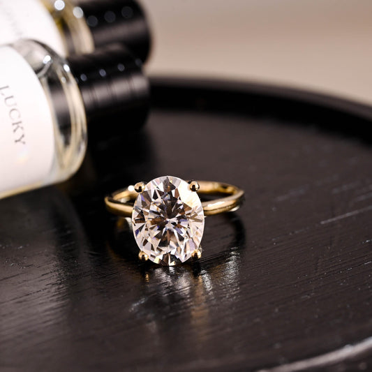 Solid Gold Oval Cut Moissanite Engagement Ring, Hidden Halo Wedding Ring, Cathedral Setting