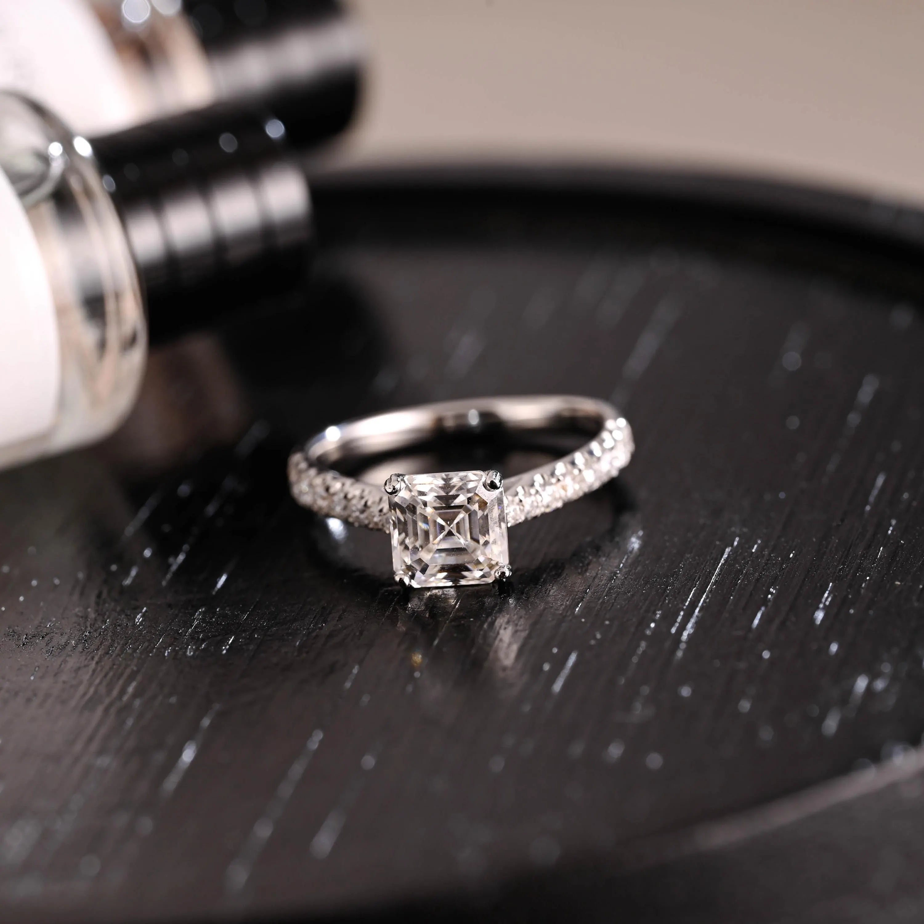Solid Gold Half Eternity Asscher Cut Moissanite Engagement Ring, Anniversary Gift for Women Wife
