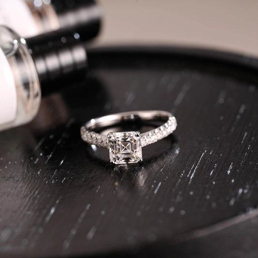 Solid Gold Half Eternity Asscher Cut Moissanite Engagement Ring, Anniversary Gift for Women Wife