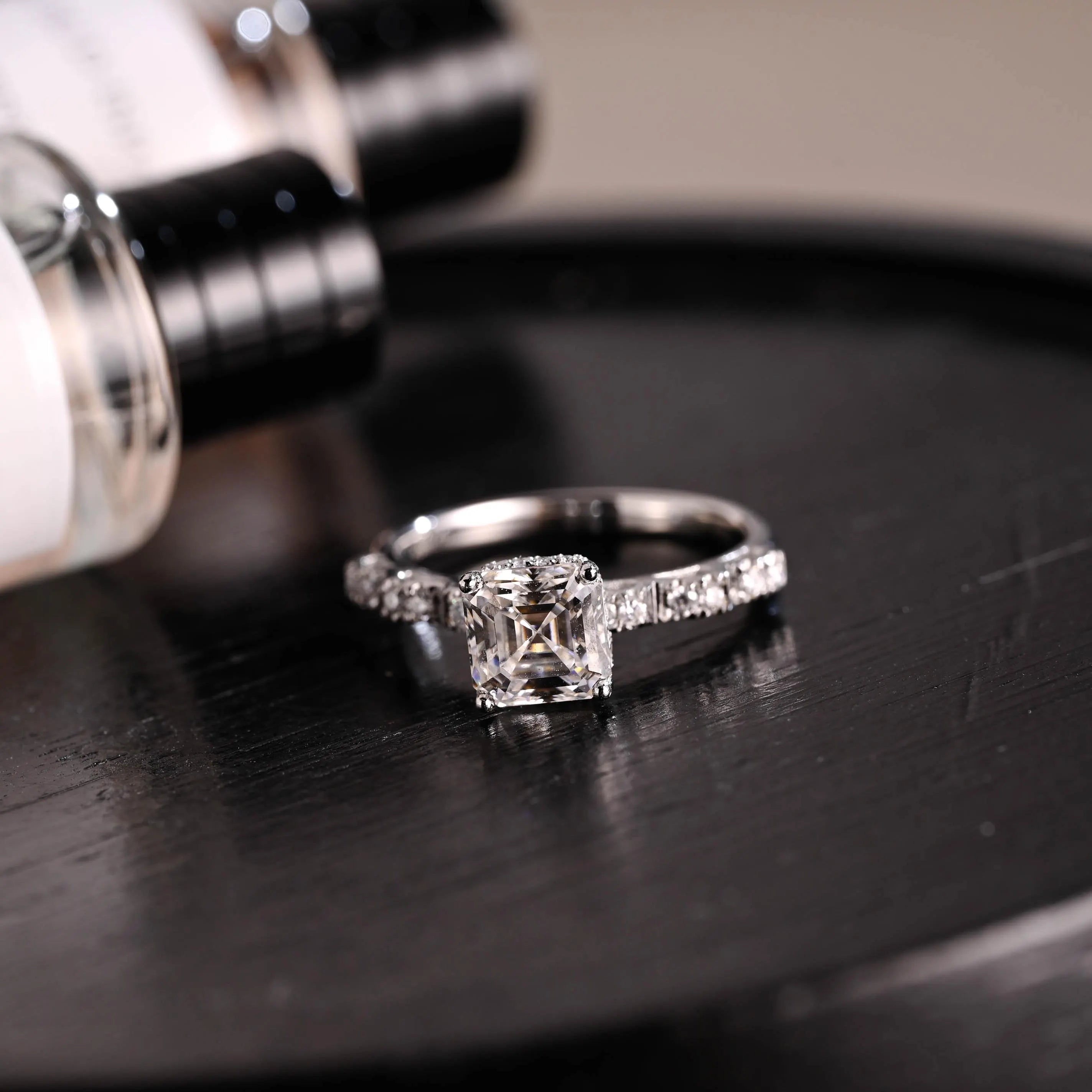 Solid Gold Hidden Halo Asscher Cut Moissanite Engagement Ring, Anniversary Gift for Women Wife