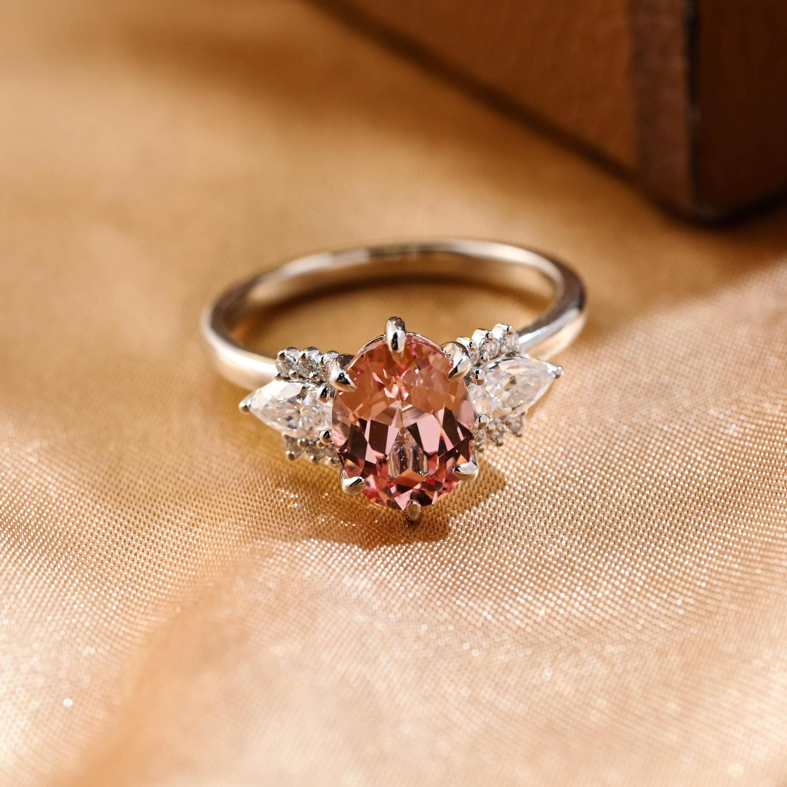 Solid Gold Oval Cut Lab Grown Pink Sapphire Engagement Ring, Side Cluster Wedding Ring