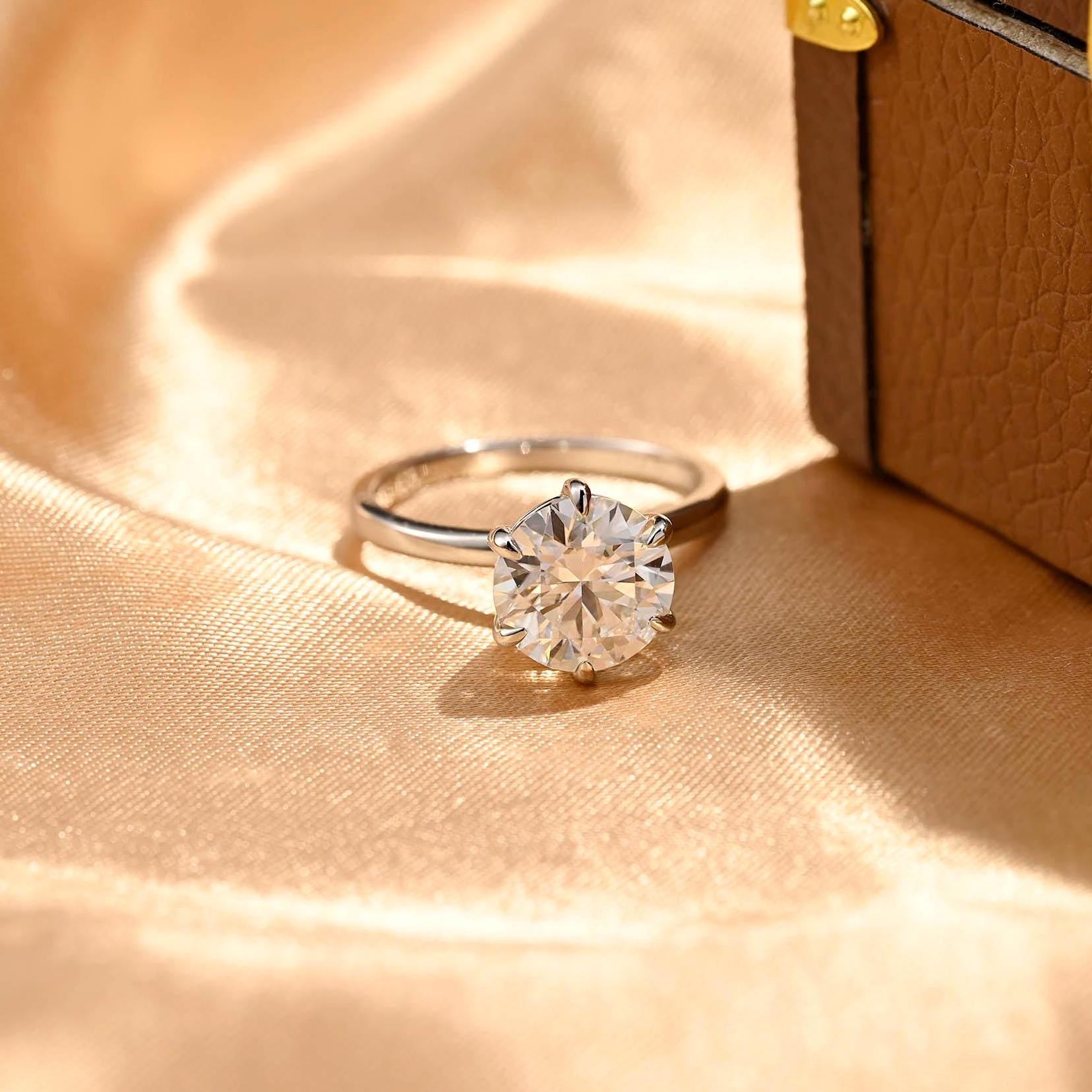 Solid Gold Solitaire Round Cut Moissanite Engagement Ring, Classic 6 Prongs Anniversary Ring for Women